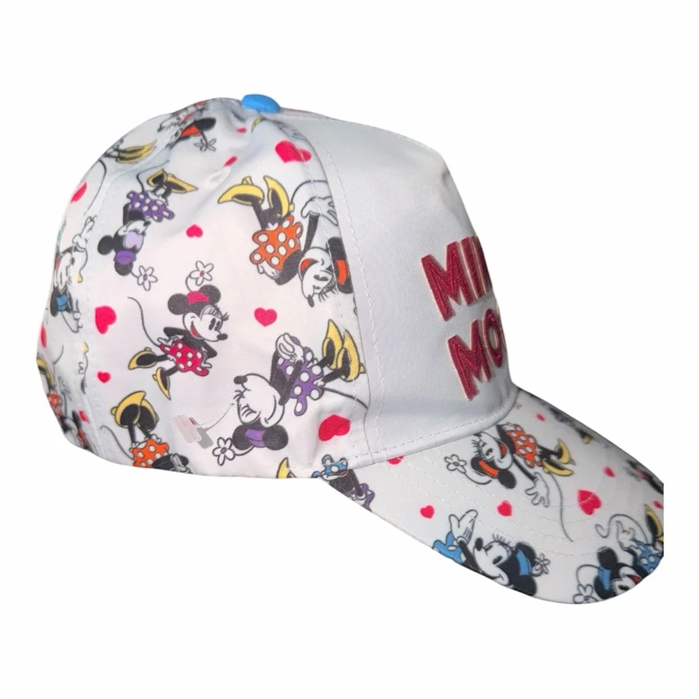 Disney Minnie Mouse White Hat with Pink Glitter Text and Multicolor Minnie Print